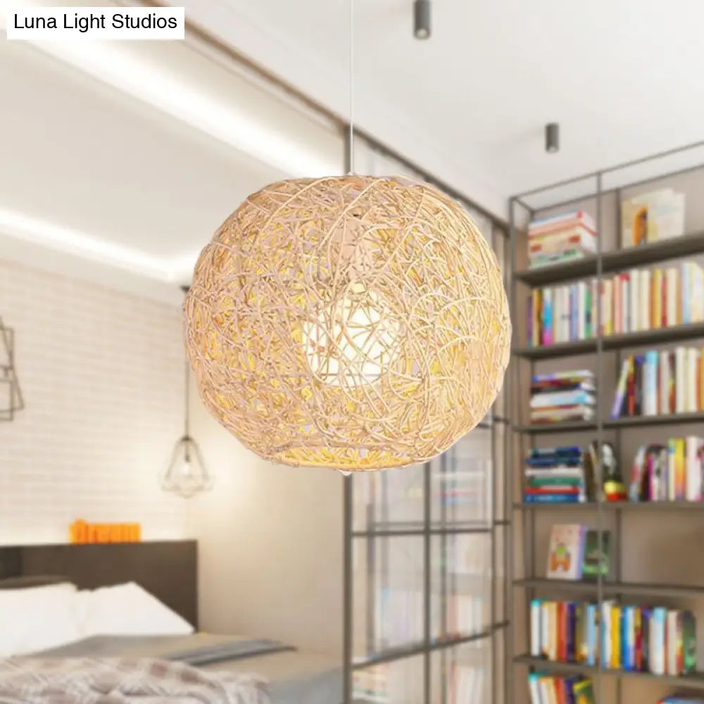 Country Style Rattan Orb Pendant Ceiling Light In Beige - Rustic One-Light Hanging Lighting