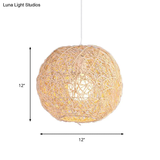 Country Style Rattan Orb Pendant Ceiling Light In Beige - Rustic One-Light Hanging Lighting