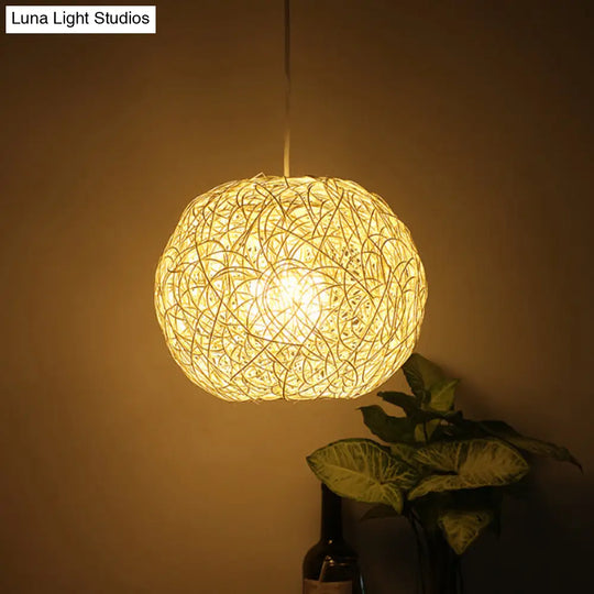 Country Style Rattan Orb Pendant Ceiling Light In Beige - Rustic One-Light Hanging Lighting Brown /