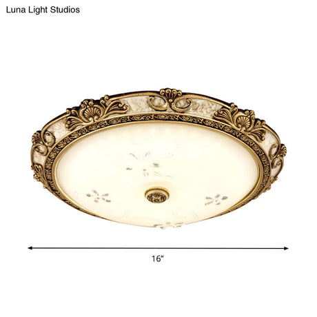 Country-Style Veined Glass Dome Flush Mount Lamp - Led Parlour Ceiling Fixture In Brass With