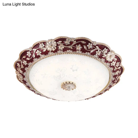Country Style Veined Glass Flush Mount Ceiling Lamp In Dark Red Led - Sizes: 12’/16’/19.5