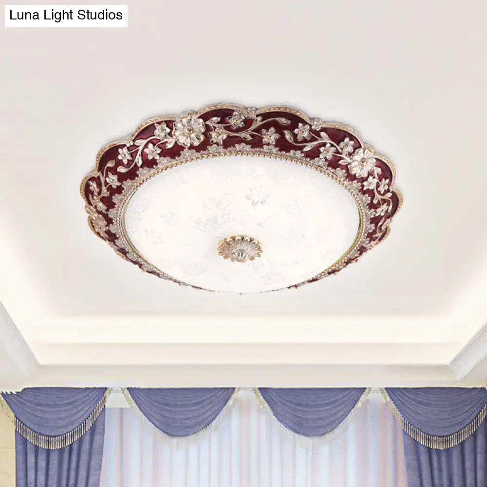 Country Style Veined Glass Flush Mount Ceiling Lamp In Dark Red Led - Sizes: 12’/16’/19.5