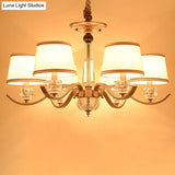 Country Style White Chandelier Pendant Light For Living Room - Fabric Tapered Design 3/6/8-Bulb