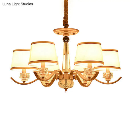 Country Style White Chandelier Pendant Light For Living Room - Fabric Tapered Design 3/6/8-Bulb