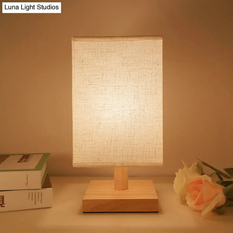 Country Style White Fabric Table Lamp With Wooden Base - Rectangular Shape Bedroom Lighting