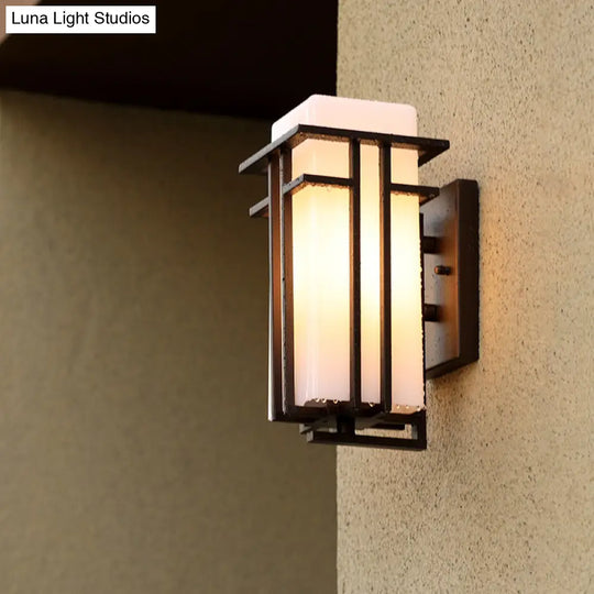 Country Style White Glass Wall Sconce With Black Metal Frame - 1 Head Outdoor Mount Light