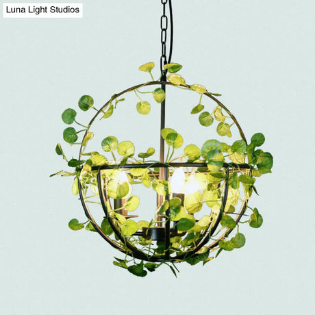 Country Style Wire Cage Iron Chandelier - Green Hanging Ceiling Light With Artificial Vine