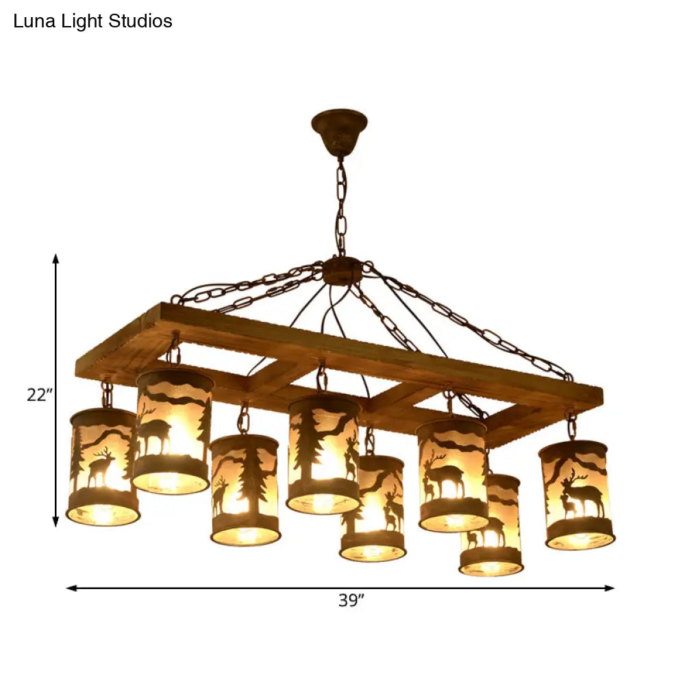 Country Style Wood And Metal 8-Light Linear Ceiling Chandelier - Bronze Finish