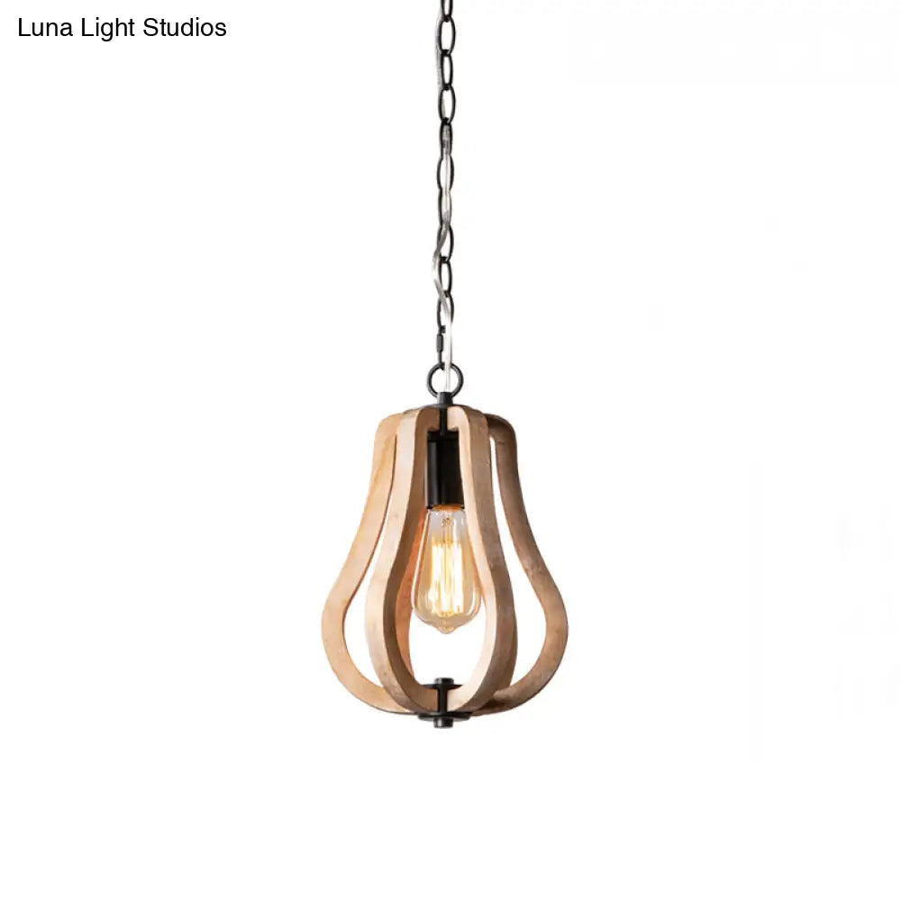 Country Style Wood Gourd Hanging Lamp - Black Metal Chain 1 Light Suspended Fixture