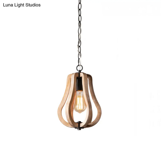 Country Style Wood Gourd Hanging Lamp - Black Metal Chain 1 Light Suspended Fixture