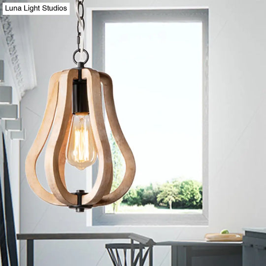 Country Style Wood Gourd Hanging Lamp - Black Metal Chain 1 Light Suspended Fixture