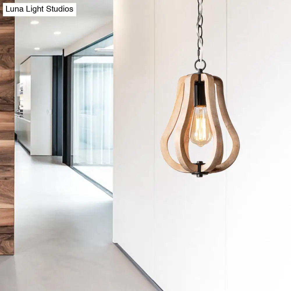 Country Style Wood Gourd Hanging Lamp - Black Metal Chain 1 Light Suspended Fixture