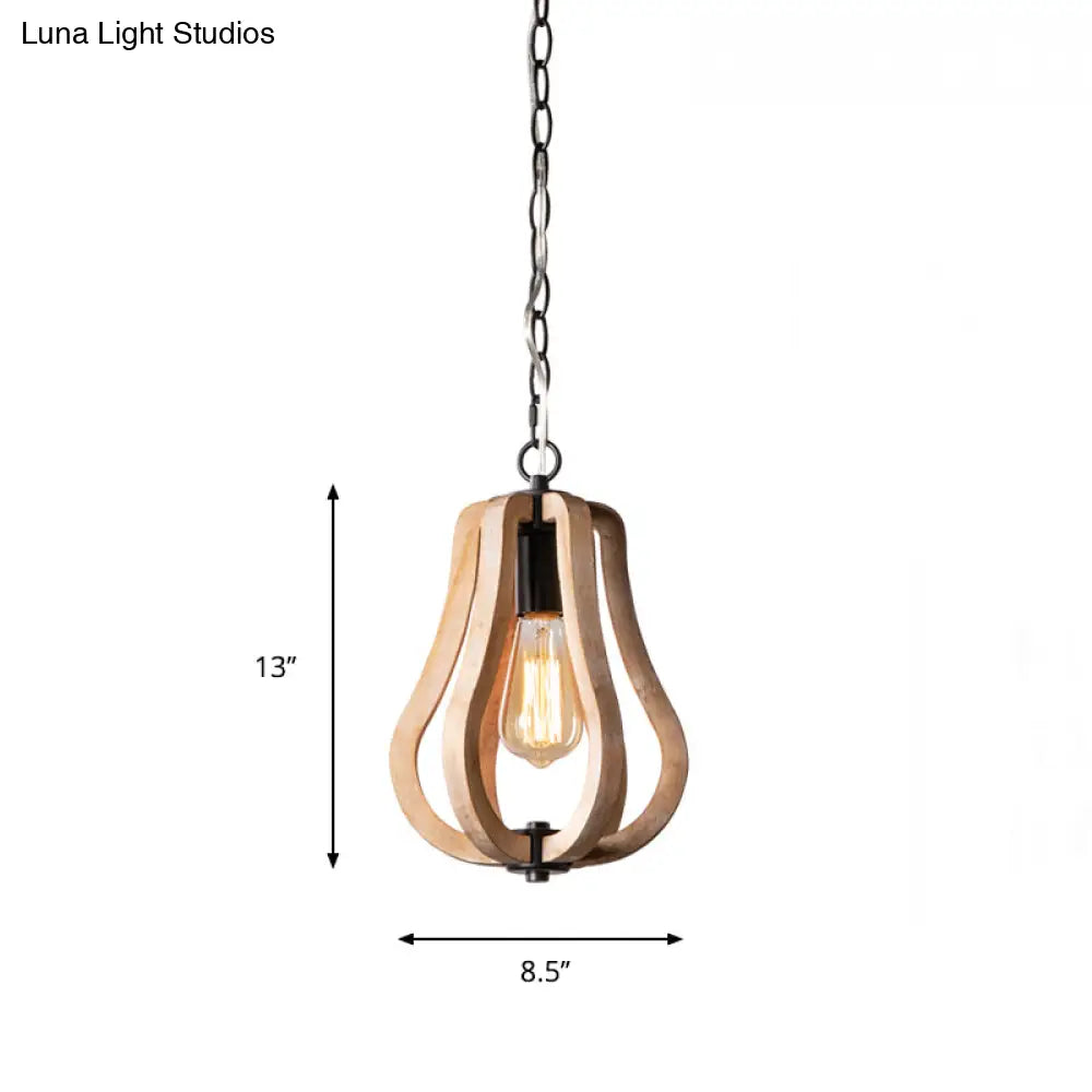 Country Style Wood Gourd Hanging Lamp - Black Metal Chain 1 Light Suspended Fixture