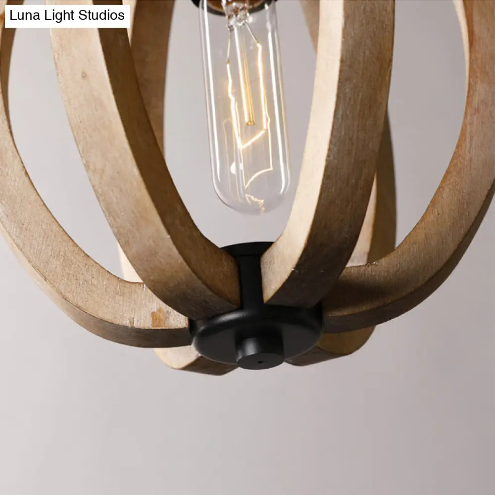 Country Style Wood Orb Drop Ceiling Pendant Light In Black For Foyer
