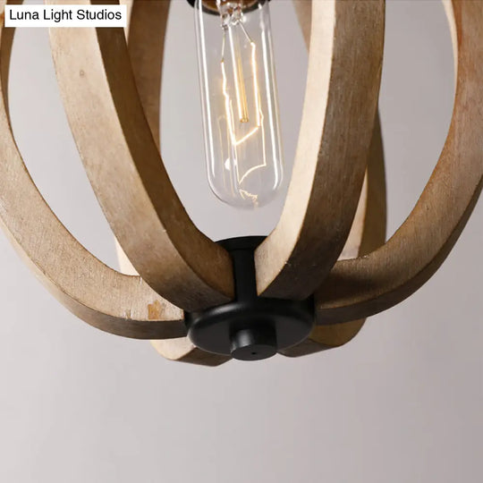 Country Style Wood Orb Drop Ceiling Pendant Light In Black For Foyer