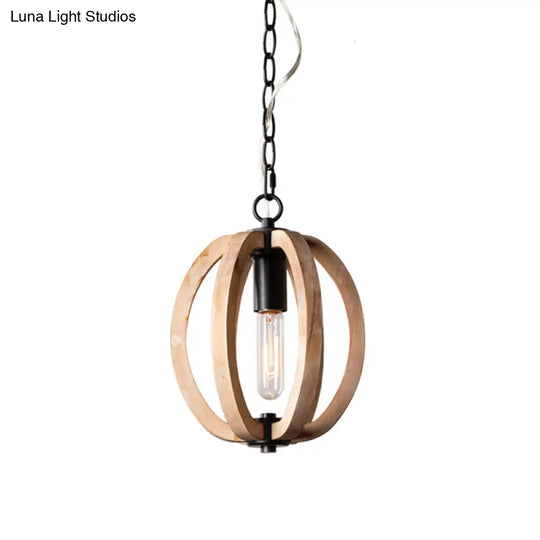 Country Style Wood Orb Drop Ceiling Pendant Light In Black For Foyer