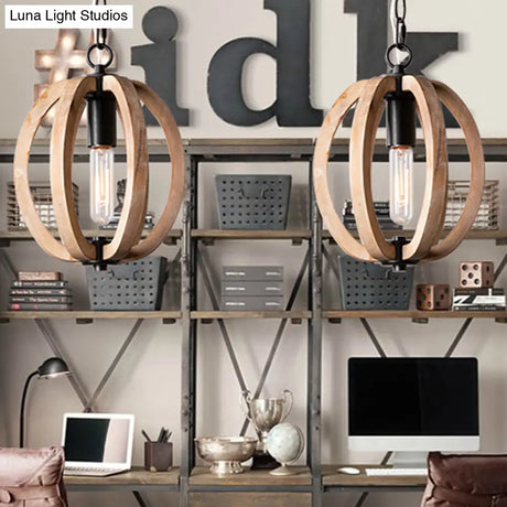 Country Style Wood Orb Drop Ceiling Pendant Light In Black For Foyer