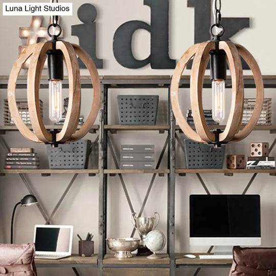Country Style Wood Orb Drop Ceiling Pendant Light In Black For Foyer
