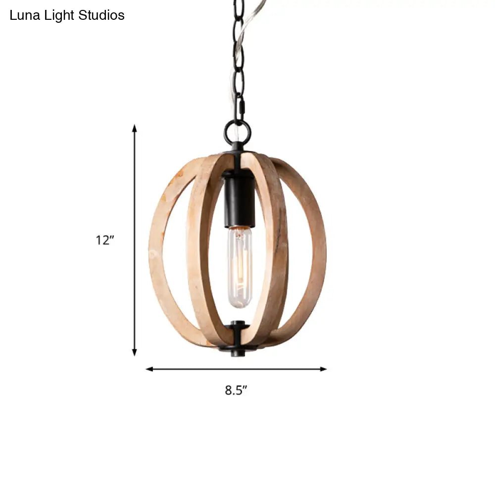 Country Style Wood Orb Drop Ceiling Pendant Light In Black For Foyer