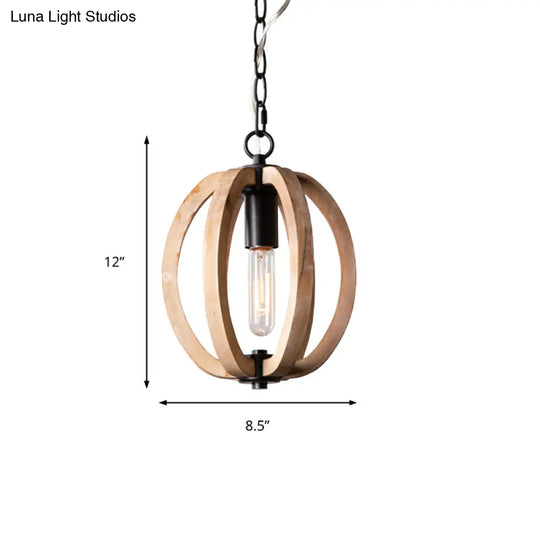 Country Style Wood Orb Drop Ceiling Pendant Light In Black For Foyer