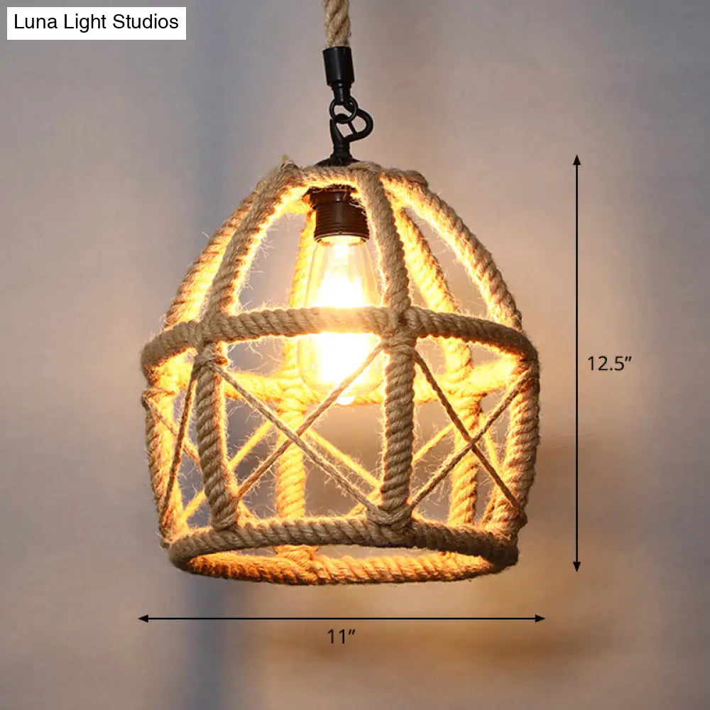 Rustic Wood And Rope Hanging Pendant Light For Restaurants With Single Cage Shade