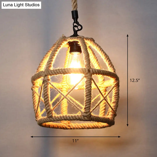 Rustic Wood And Rope Hanging Pendant Light For Restaurants With Single Cage Shade