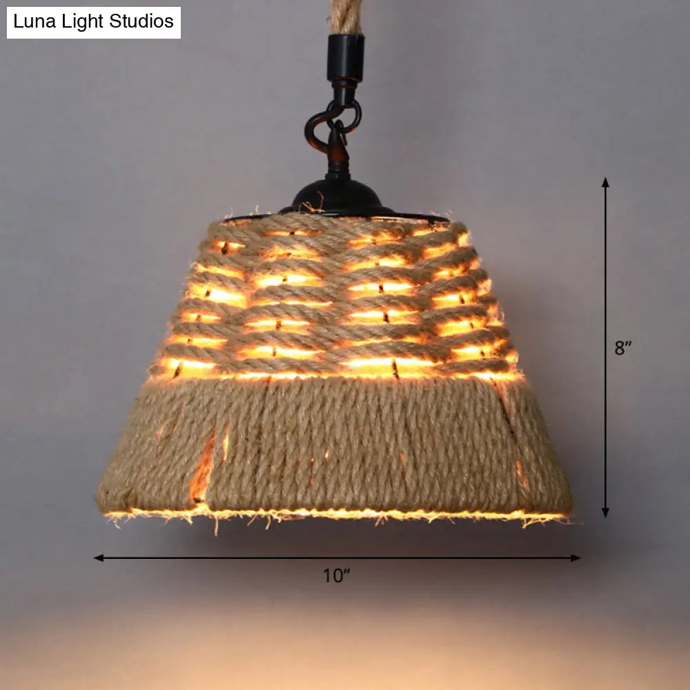 Country Style Wood Rope Pendant Light For Restaurants - Single Cage Shade Suspension