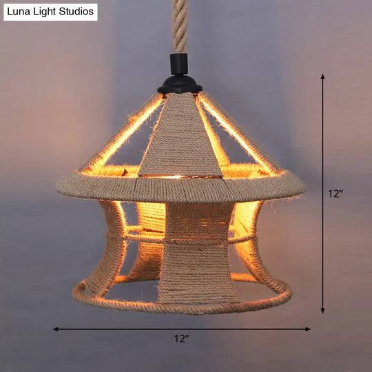 Country Style Wood Rope Pendant Light For Restaurants - Single Cage Shade Suspension