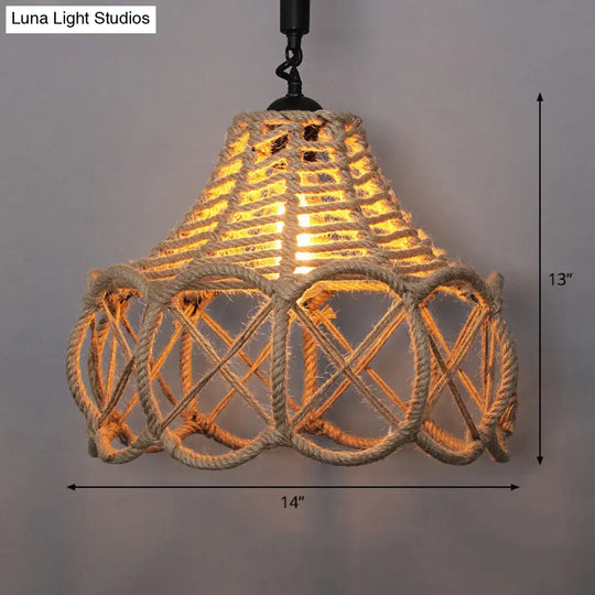 Country Style Wood Rope Pendant Light For Restaurants - Single Cage Shade Suspension
