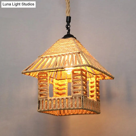 Rustic Wood And Rope Hanging Pendant Light For Restaurants With Single Cage Shade / House
