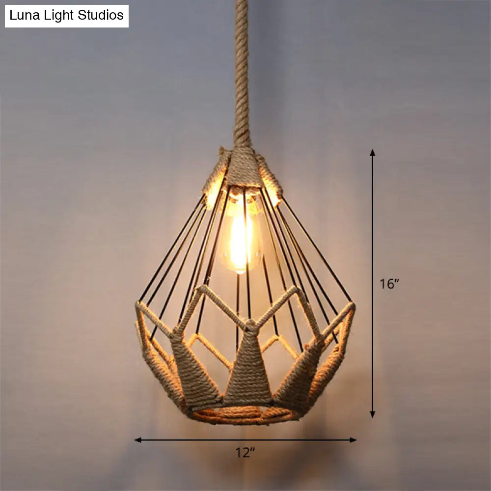 Rustic Wood And Rope Hanging Pendant Light For Restaurants With Single Cage Shade