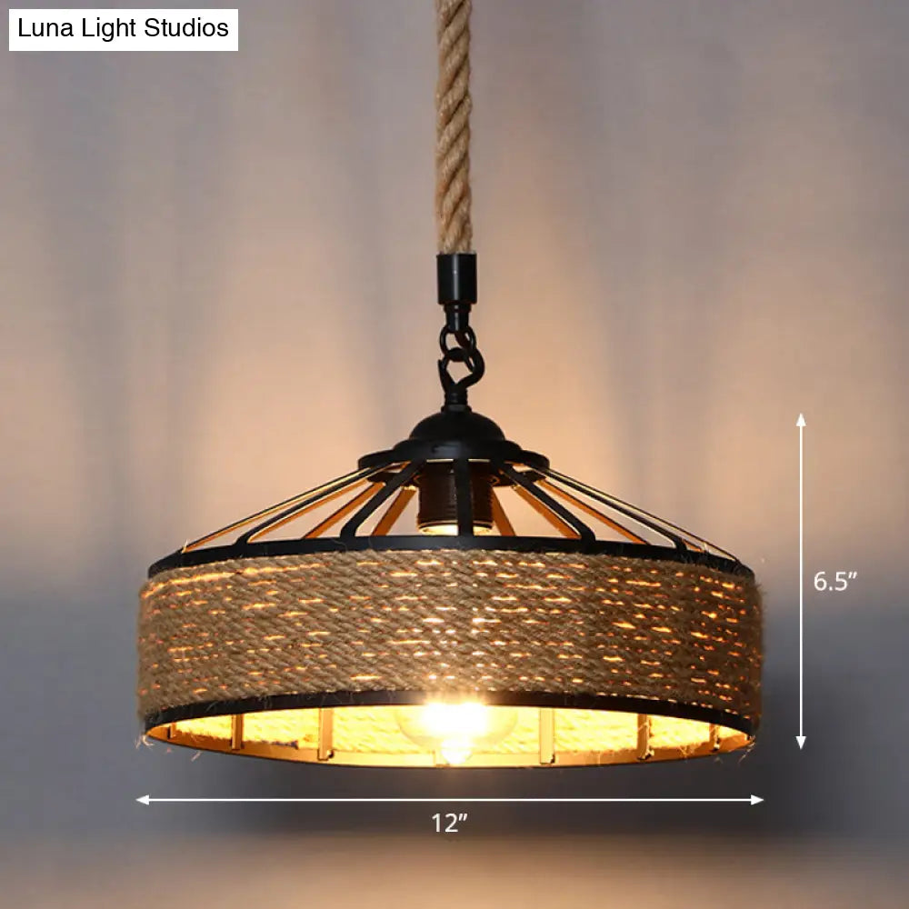 Country Style Wood Rope Pendant Light For Restaurants - Single Cage Shade Suspension