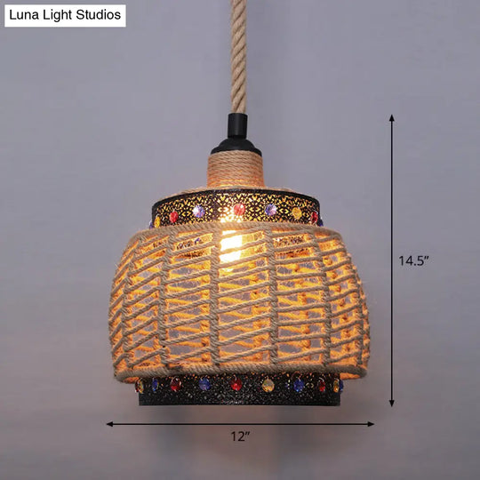 Country Style Wood Rope Pendant Light For Restaurants - Single Cage Shade Suspension