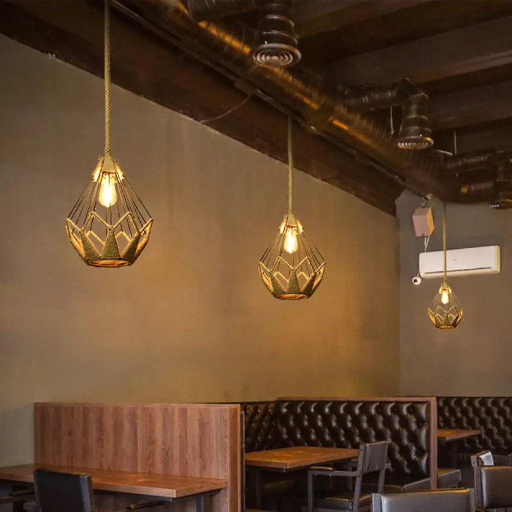 Country Style Wood Rope Pendant Light For Restaurants - Single Cage Shade Suspension / Crown