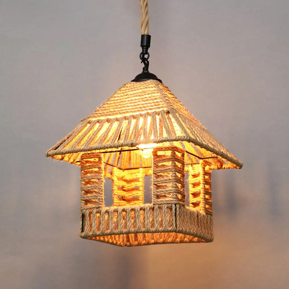 Country Style Wood Rope Pendant Light For Restaurants - Single Cage Shade Suspension / House