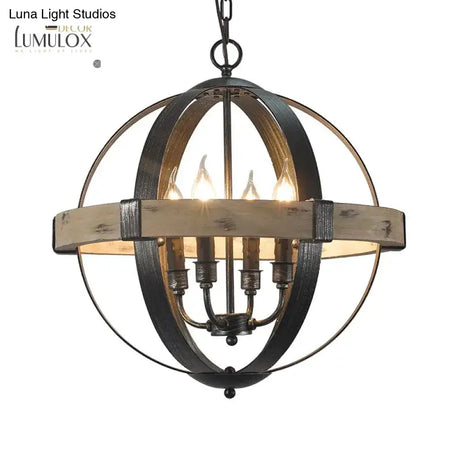 Country Style Wood Strap Globe Pendant Chandelier In Black
