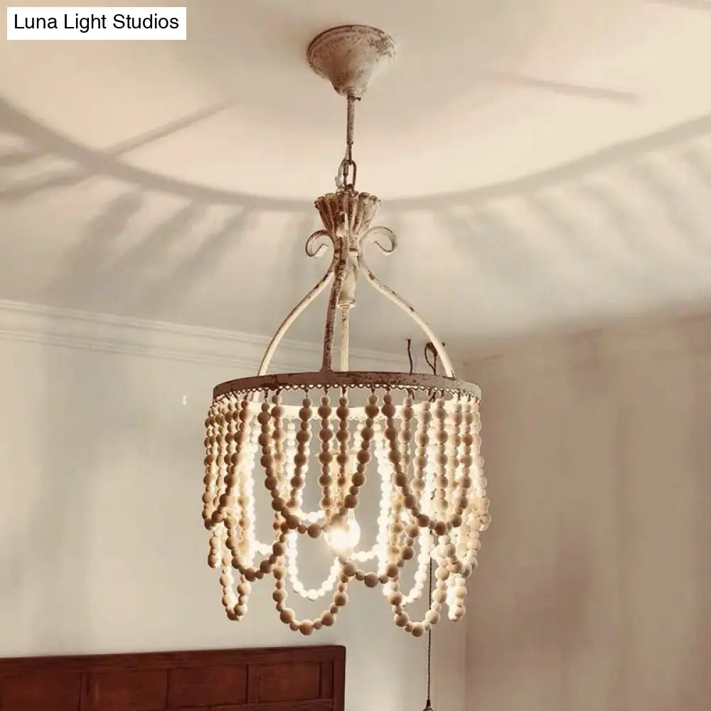 Country Style Wooden Beaded Pendant Ceiling Lamp With Iron Bellied Vase Hanging Frame - White 1 Bulb