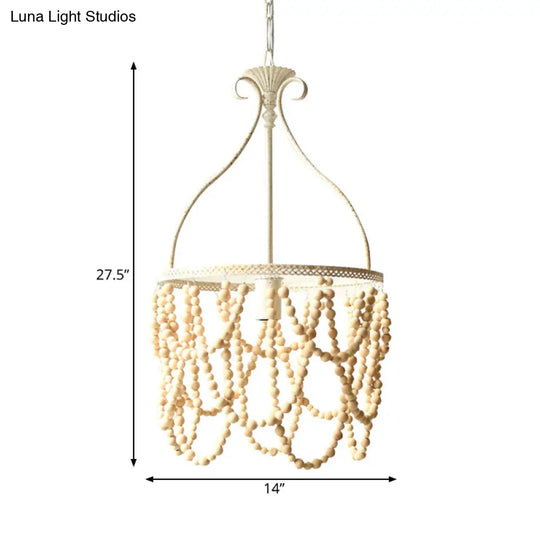 Country Style Wooden Beaded Pendant Ceiling Lamp With Iron Bellied Vase Hanging Frame - White 1 Bulb