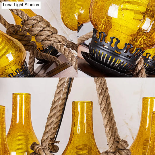 Country Stylish 5-Light Pendant Lamp With Yellow Cracked Glass Teardrop Shades And Rope Detailing
