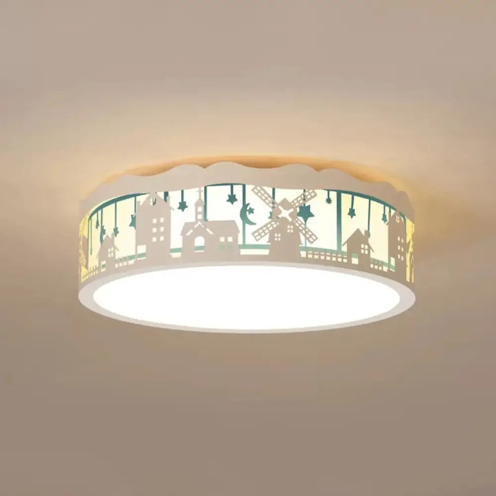 Country View Nordic Style Drum Ceiling Lamp For Living Rooms: Metal Flush Light Blue