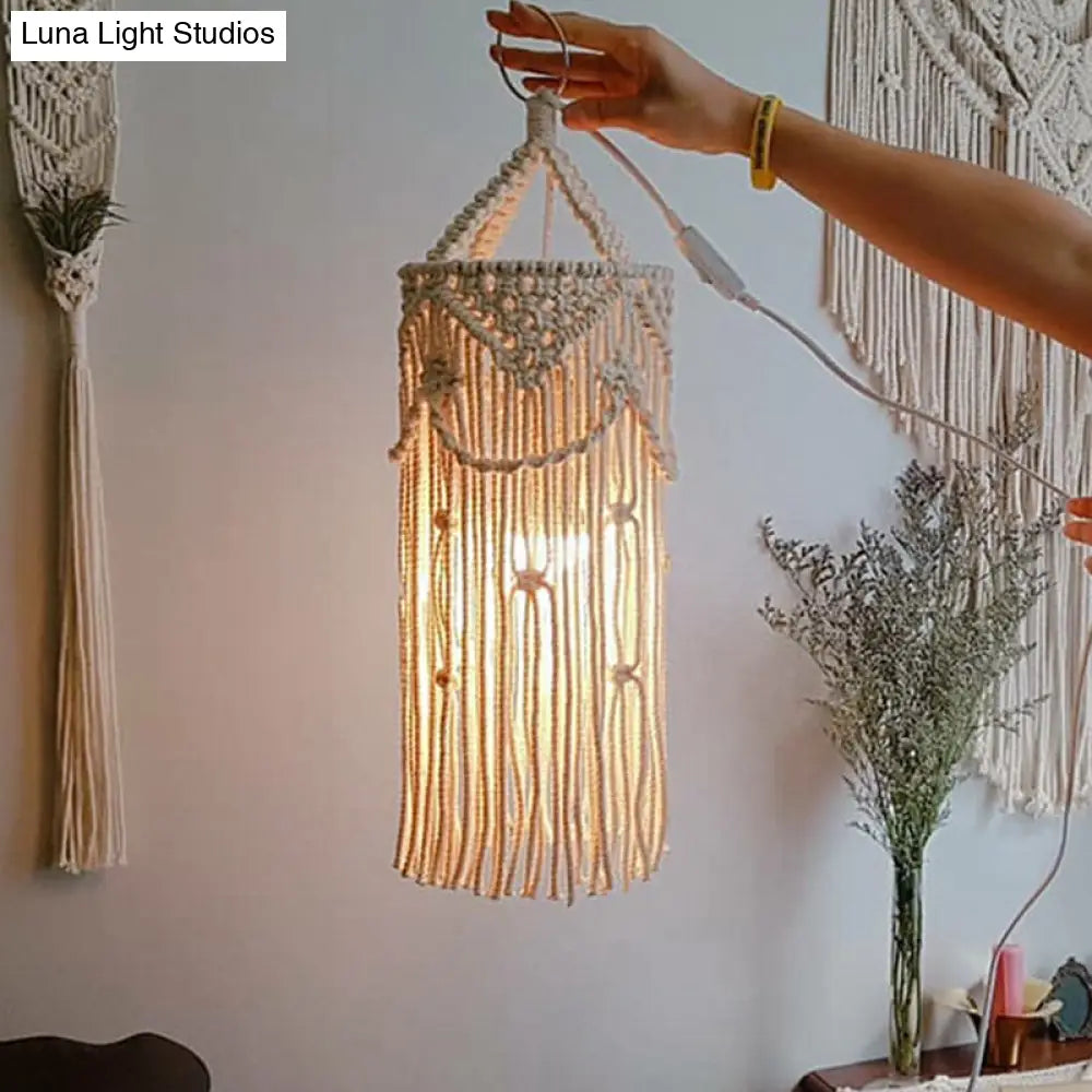 Country White Cylinder Tassel Rope Pendant Light - Dining Room Ceiling Lamp