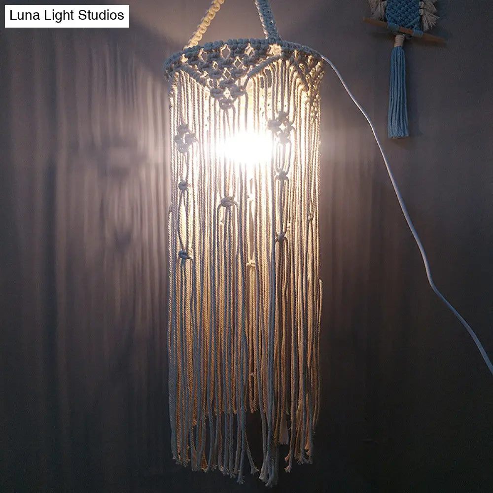 Country White Cylinder Tassel Rope Pendant Light - Dining Room Ceiling Lamp