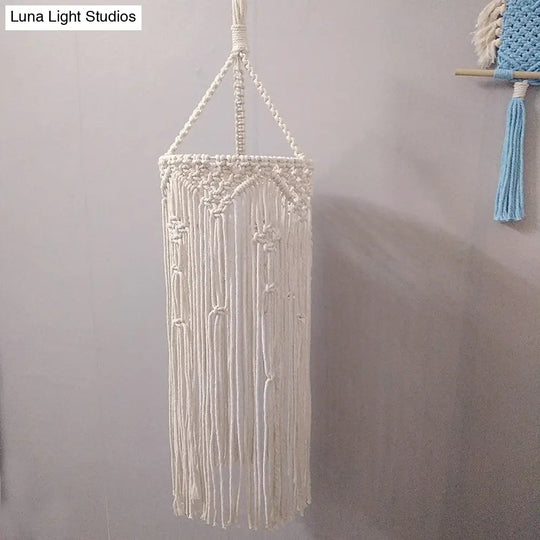 Country White Cylinder Tassel Rope Pendant Light - Dining Room Ceiling Lamp