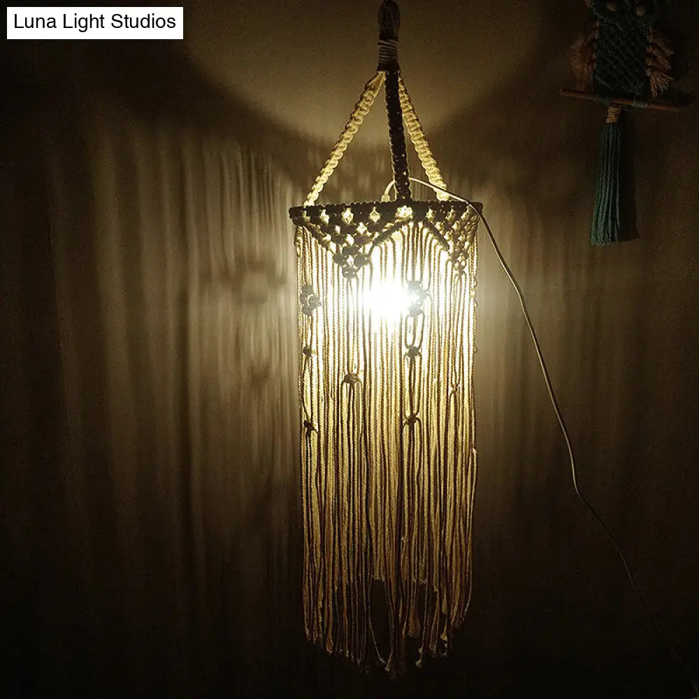 Country White Cylinder Tassel Rope Pendant Light - Dining Room Ceiling Lamp