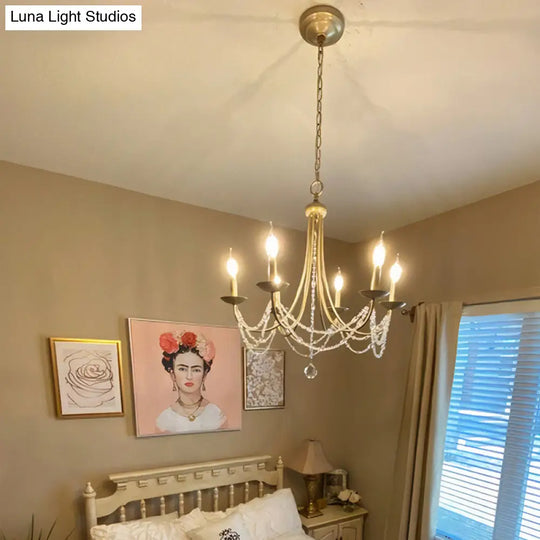 Countryside Bedroom Chandelier: Candle Style Metal Suspension Lighting With Crystal Deco 6-Light