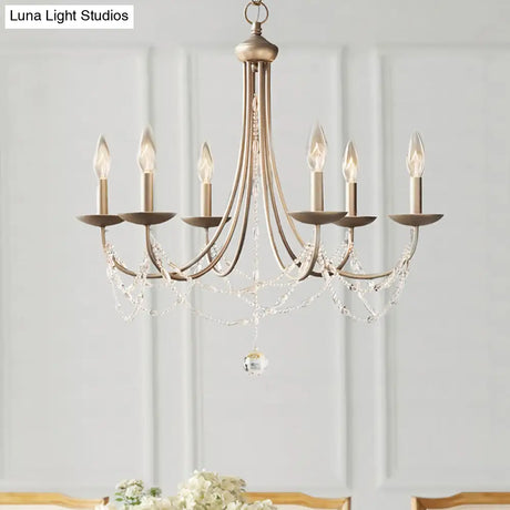 Countryside Bedroom Chandelier: Candle Style Metal Suspension Lighting With Crystal Deco 6-Light