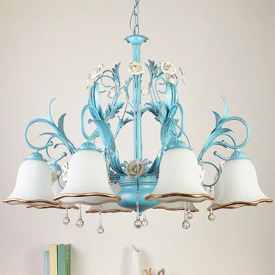Countryside Bedroom Pendant Chandelier With Frosted Glass Shade And Crystal Decor In Blue - 3/5/8