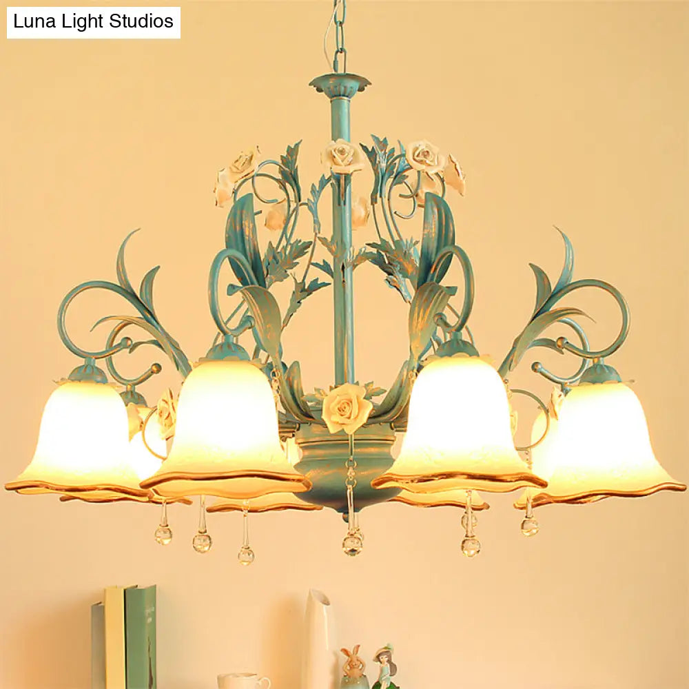 Countryside Bedroom Pendant Chandelier With Frosted Glass Shade And Crystal Decor In Blue - 3/5/8