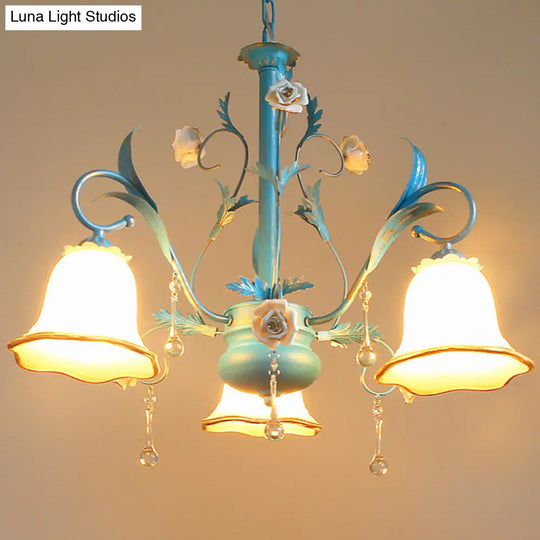 Countryside Bedroom Pendant Chandelier With Frosted Glass Shade And Crystal Decor In Blue - 3/5/8