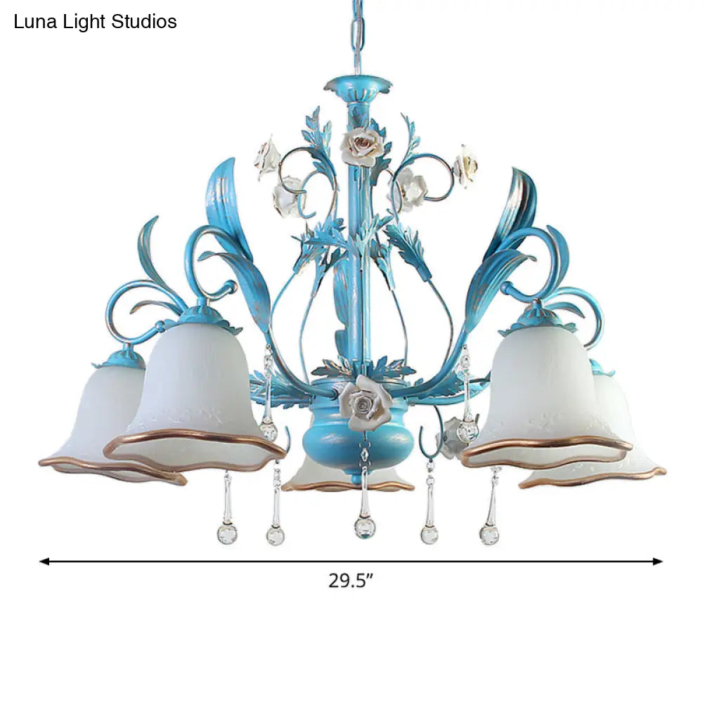 Countryside Bedroom Pendant Chandelier With Frosted Glass Shade And Crystal Decor In Blue - 3/5/8